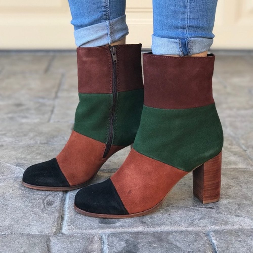 Leather Color Block Heeled Ankle Boots